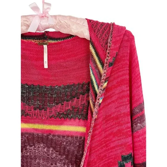 Free People Hooded Long Multicolor Cardigan | Boho Coastal Cowgirl Tribal Indie - Picture 4 of 16